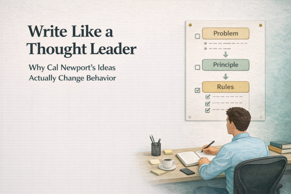 Cal Newport’s writing works because it doesn’t stop at insight. It designs behavior. If you want to write like a thought leader, this is the difference that matters. It gives readers clear rules for action, so they don’t just understand the idea, they know what to do next.