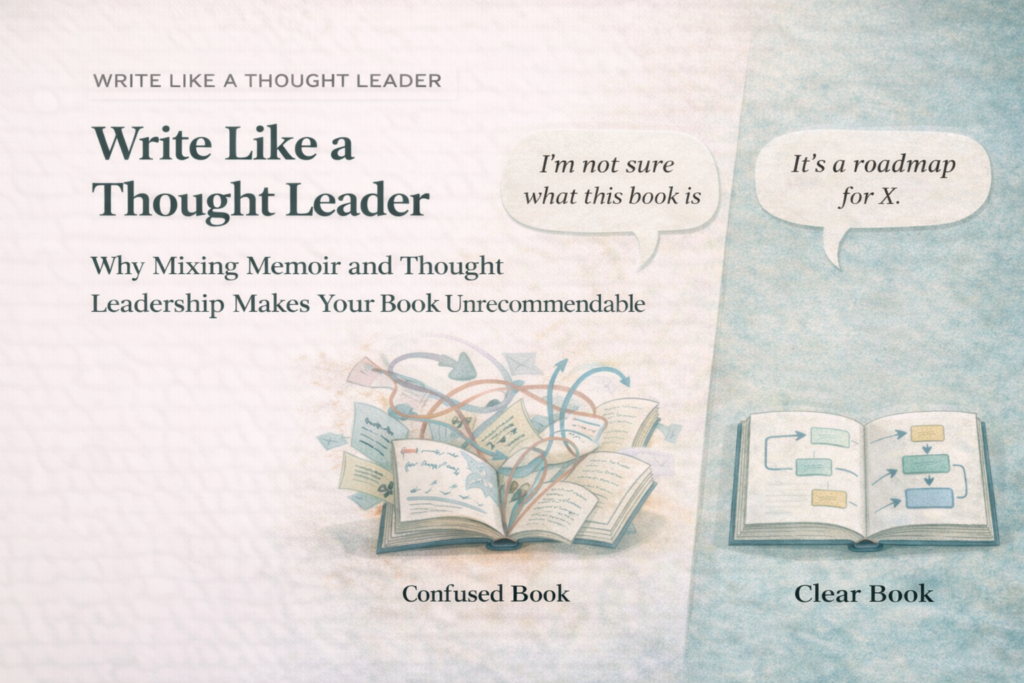 Most authors think their manuscript isn’t working because it needs better writing.

It doesn’t.

It needs a category decision.

Trying to write memoir, creative nonfiction, and thought leadership in the same book doesn’t make it layered.

It makes it unrecommendable.