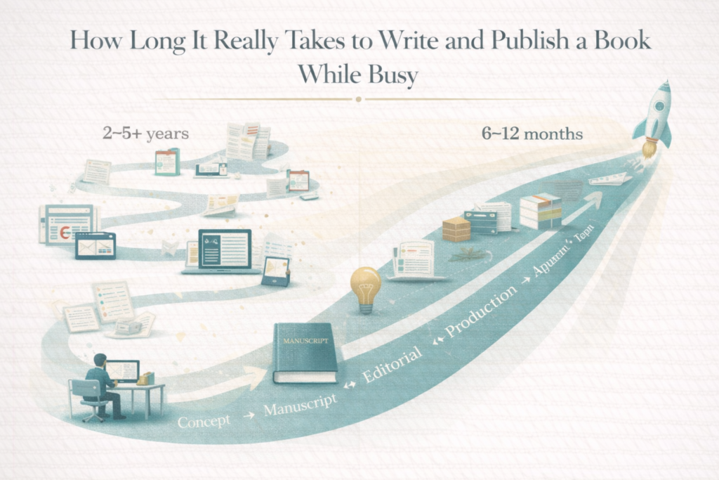 Most professionals assume books take years because writing a manuscript is slow.

That assumption is understandable. Writing a book alongside running a company, managing a practice, or leading a team feels like a massive time commitment.

But writing speed is rarely what determines how long a book actually takes.

What determines the timeline is how the execution behind the book is coordinated.